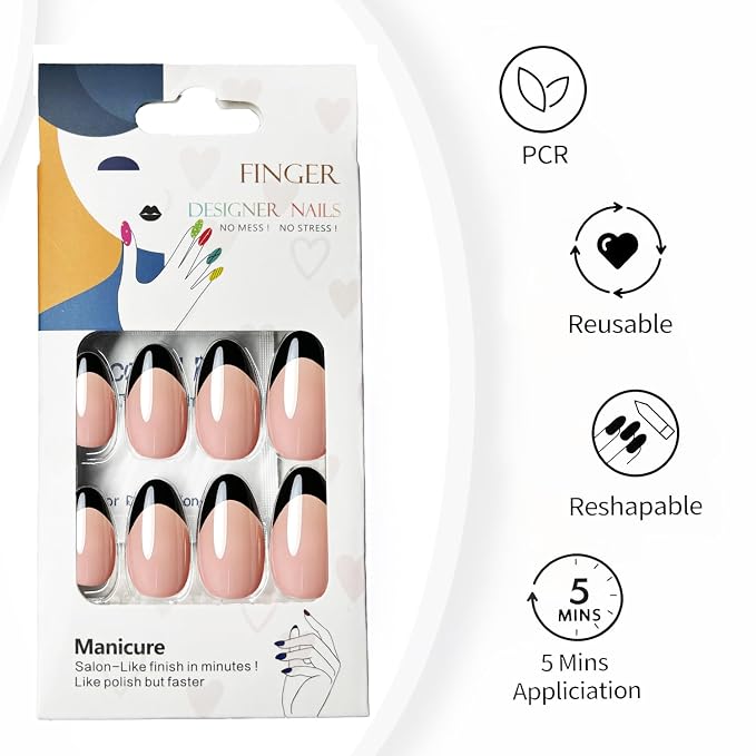 Press On Nails, Black French, Short Almond | French Tip UV Finish Short Almond Fake Nails Salon Quality Nails in 12 Sizes - 24 Nail Kit with Glue