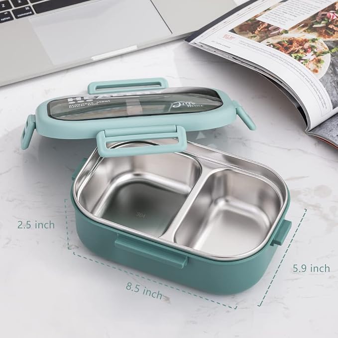 Lille Home 28oz Stainless Steel Leakproof 2-Compartment Bento Lunch Box/Portion Control Food Container with Lunch Bag and Cutlery Set, BPA Free | Portion Control Metal Lunch Box Food Container with Lunch Bag and Cutlery Set, BPA Free (Green)