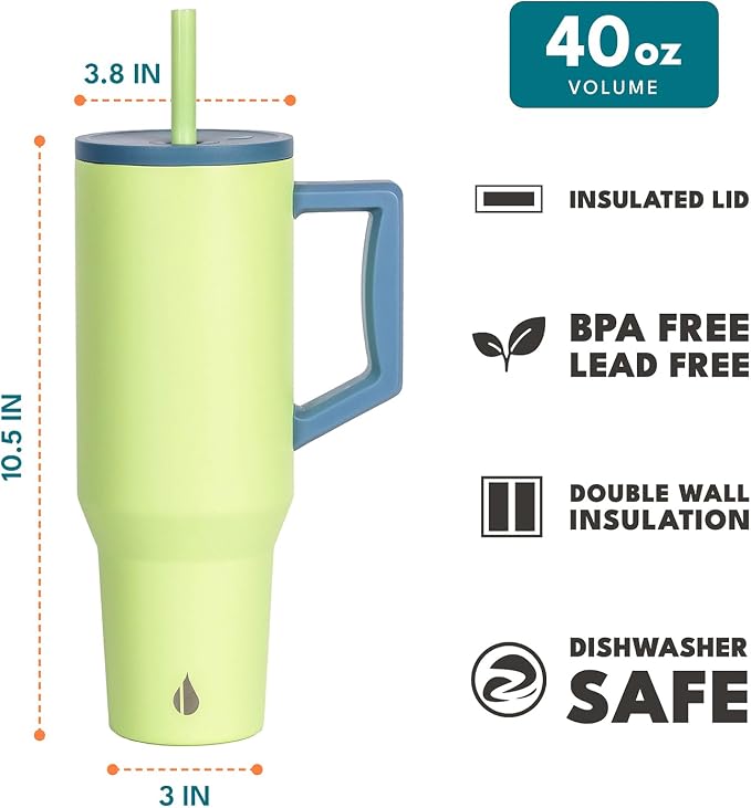 Elemental Spill Proof 40oz Insulated Tumbler with Handle & Straw Travel Mug | Stainless Steel Commuter Travel Coffee Mug for Cold Beverages, Includes 2 Straws & a Spill Proof Lid for Everyday Use