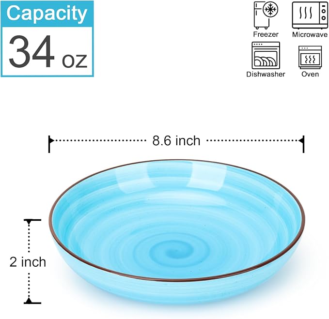 KitchenTour Large Pasta Bowls, 34 Ounce Ceramic Salad Bowl Plates, Set of 6 | Dinner Plate Bowl Set, 8.6 Inch, Wide and Shallow for Soup, Dishwasher and Microwave Safe, Ocean Swirl