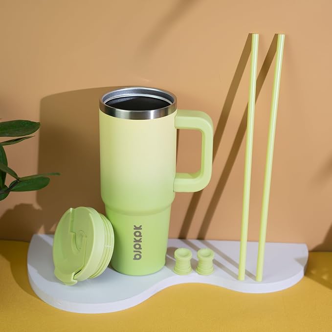 BJPKPK 30 oz Insulated Tumbler with Handle & Straw, Stainless Steel | Double Wall Vacuum Insulation, Leak Proof, BPA Free, Dishwasher Safe, Cupholder Friendly, Travel & Outdoor, Lime