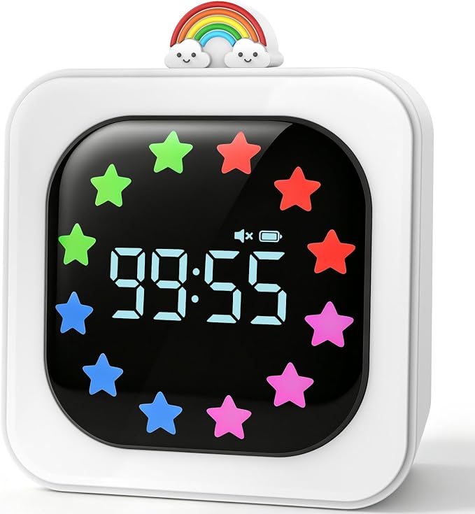 Digital Visual Timer for Kids with 12-Star Rainbow Display & 9 Color Modes | 99-Minute Count-Up & Countdown Timer with Silent Mode & Pause for Classroom, Home, Kitchen, Rechargeable, White