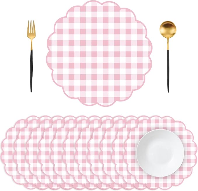 50Pcs Checkered Paper Placemats Pink Gingham Place Mats 13.5 Inch Scalloped Checkered Place Mats Disposable Table Placemats for Table Setting BBQ Baby Shower Wedding Bridal Banquet Tea Party
