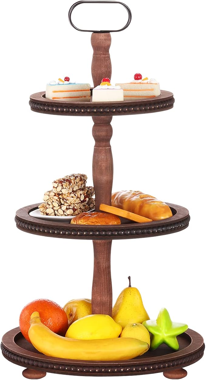 Urban Deco Wooden Tiered Tray 3-Tier Decorative Tray Stand Farmhouse Serving Tray, Round Wooden Cupcake Display Stand with Metal Handle, Brown Tiered Fruits Tray for Home Party Decorations