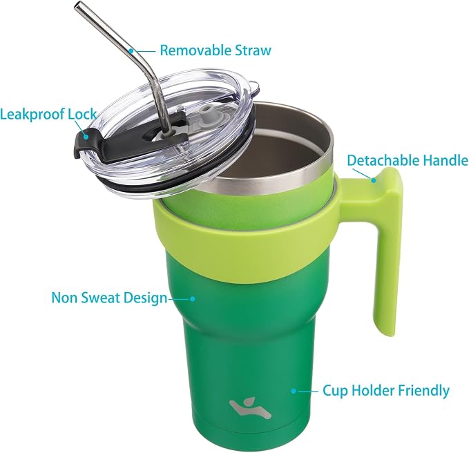 Konokyo 30 oz Tumbler with Handle and Straw, Insulated Travel Mug | Matcha Green; BPA-free, leak-proof tumbler with 2 lids, 2 straws, cup holder fit for coffee, office, travel & daily use