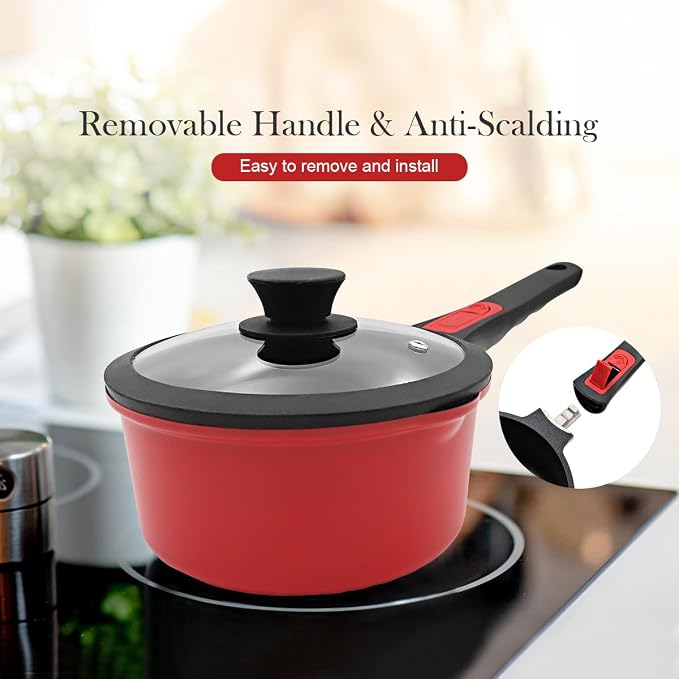 2 Qt Saucepan with Lid, Non Stick Sauce Pan with Lid, Milk Pot & Sauce Pot & Small Saucepan with Pour Spout, Detachable Handle Milk Pan, Mini Cooking Pot Induction Compatible, Oven Safe | Milk pan with removable handle. Suitable for all types of cooker...