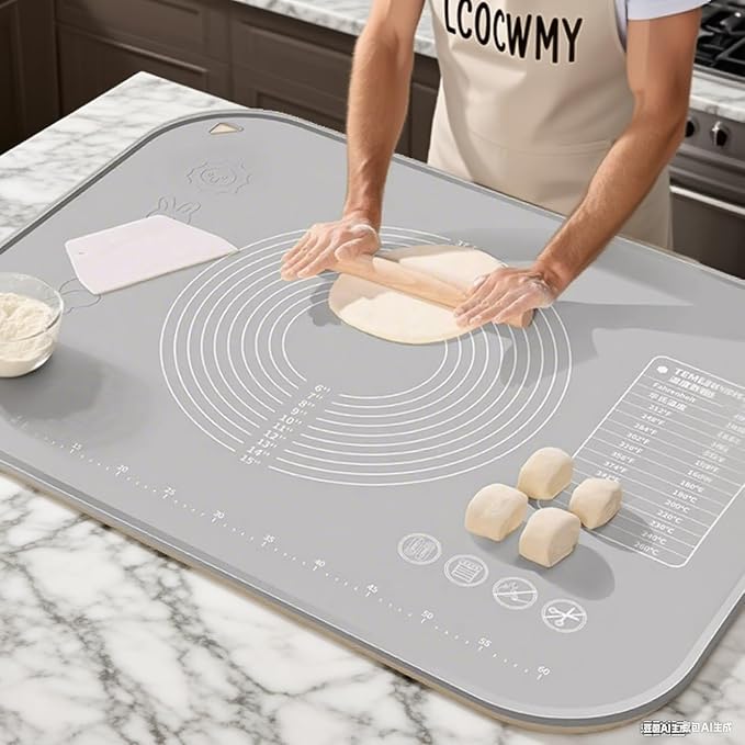 LCOCWMYS Silicone Pastry Mat, 31" x 24" Dough Rolling Mat with Raised Lip | Non‑Stick Countertop Mat for Kneading Dough, Bread, Cookies, Pizza, Fondant, Pasta, Easy‑Clean Kitchen Accessory