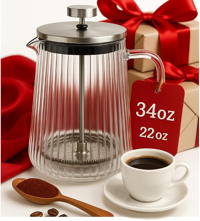 Glass French Press Coffee Maker, Heat Resistant Borosilicate Glass (34oz Ribbed)