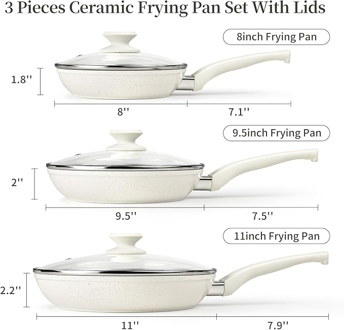 Innerwell Nonstick Ceramic Frying Pans Skillets Set with Lid 8"+9.5"+11" | No Toxic Egg Omelette Frying Pan Set, All Stove Compatible, Healthy Granite Induction Cooking Pan, PFOA & PFAS Free