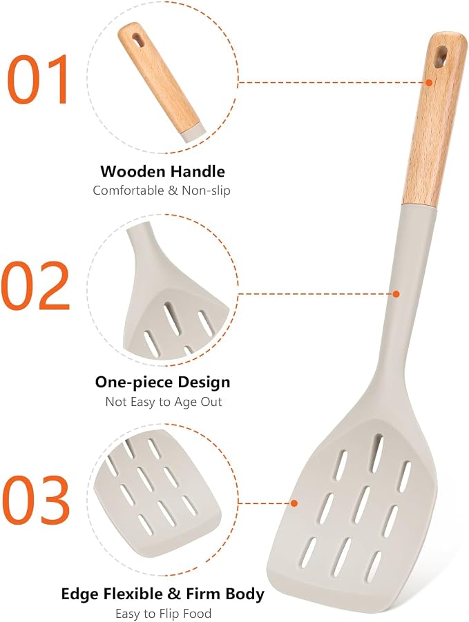 Silicone Spatula, Non Stick Turner for Cooking, Food Grade, Khaki | Heat Resistant, Flexible Edge, 2 Pack Wooden Handle Kitchen Turner for Baking Mixing Grilling Serving Food