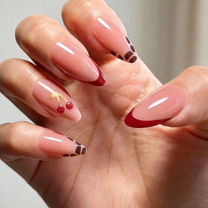 Press on Nails, 6 Packs (144 Pcs) Short Almond French Sets, 3D Floral | 6-Style 12 Sizes, Glossy, Salon Quality, Reusable Full Cover, Cute Cherry Polka Dot Fake Nails