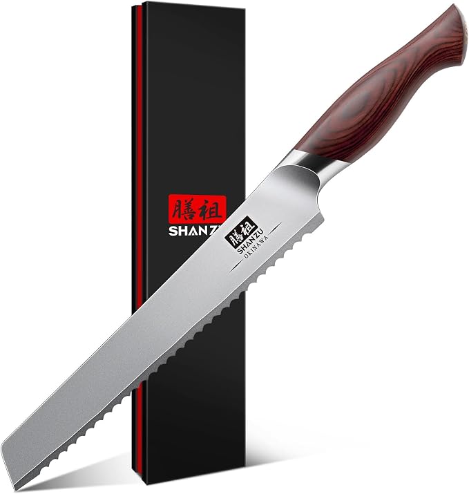 SHAN ZU Bread Knife 8 In, High Carbon 10Cr15Mov Stainless Steel Cake Knife | Japanese Razor Sharp Sourdough Slicing Knife, Multifunction Serrated knife for Homemade Bread