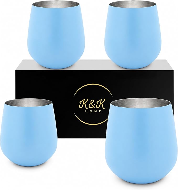 K&K Home Stainless Steel Unbreakable Stemless Wine Glasses - 15 oz - Set of 4 Colored, Stemless Metal Wine Glasses Perfect for Outdoors, Weddings, and Parties (Matte Blue)