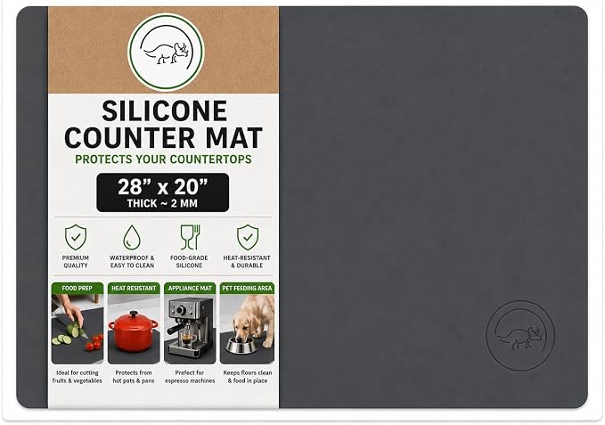 Large Silicone Mat 28" x 20" Mat Thick Heat Resistant, Kitchen Counter Mat Waterproof - Coffee Machine, Glass Top Stove Cover Countertop Protector for Air Fryer, Baking mat (Grey)