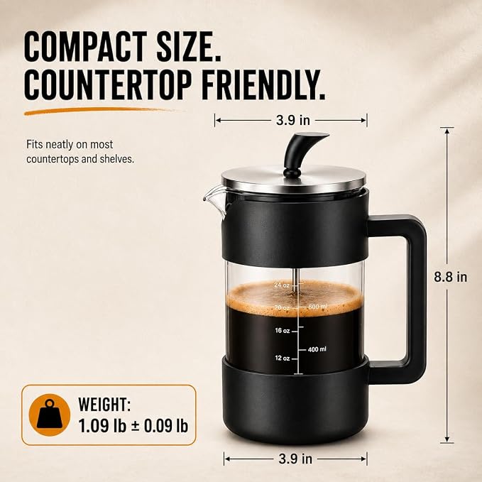 French Press Coffee Maker, 34 oz / 1000 ml Glass Coffee Press with 3-Level Stainless Steel Filter, Easy-Read Measurements, Protective Outer Shell and Ergonomic Handle, Black