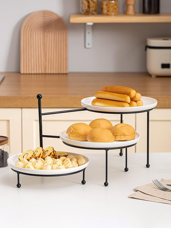 Kanwone 3 Tiered Serving Stand with White Porcelain Plates, 10.3" Round Tray, Dessert Table Display Set, Black Metal Stand, Versatile & Durable