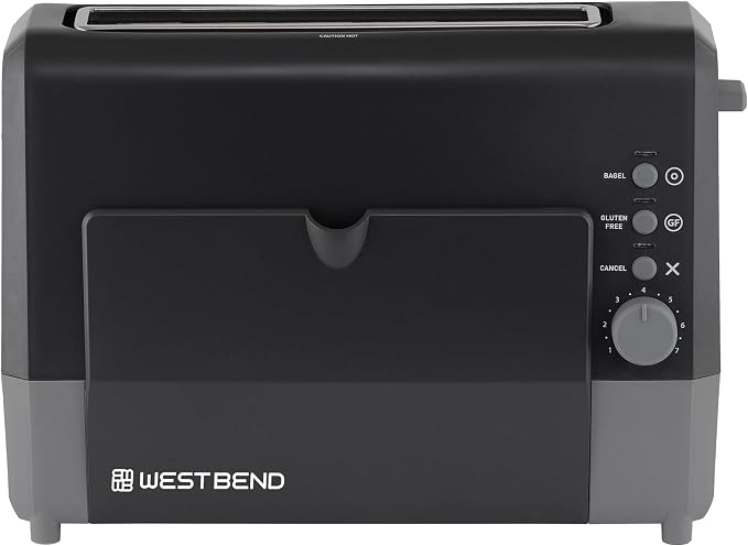 West Bend QuikServe Toaster, 2-Slice Wide-Slot Slide-Through Bread Toaster with Bagel and Gluten-Free Settings and Cool-Touch Exterior Fast Toasting, Includes Removable Serving Tray, 1400-Watts, Black