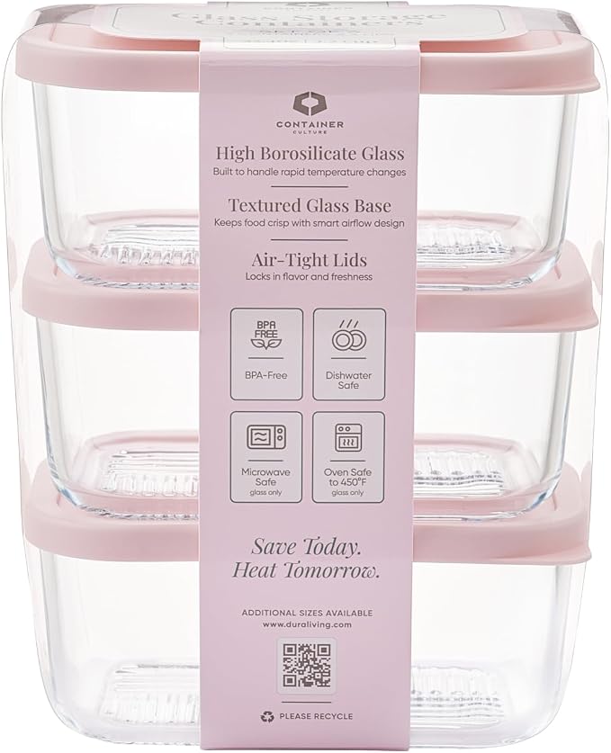 Glass Food Storage Containers with Lids — 6 Piece — 24.4 oz Glass with BPA-Free Leakproof Stackable Lids — Microwave, Oven & Dishwasher Safe — Ideal for Meal Prep & More - Berry Blush