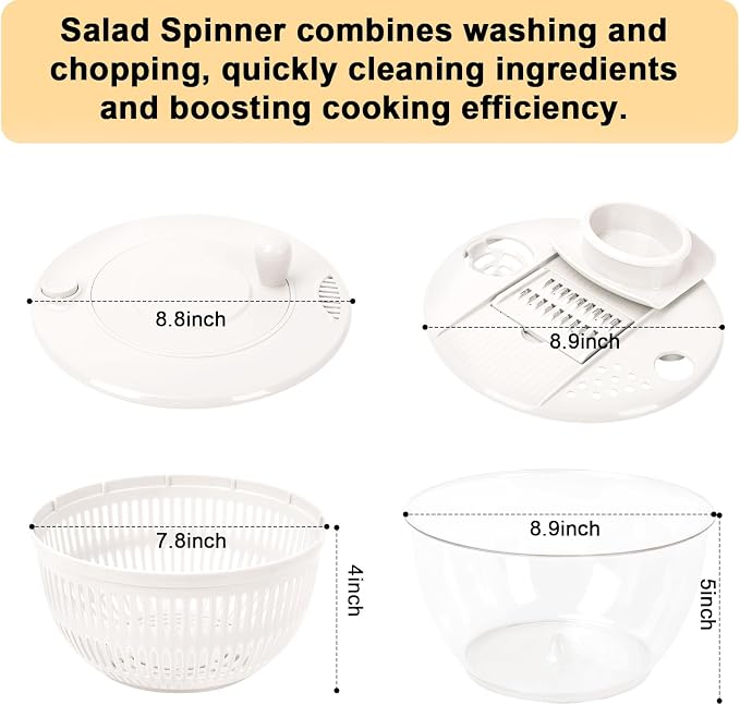 Salad Spinner Large, 5.3 QT 5 IN 1 Lettuce Spinner Dryer with 5 Blades Slicing and Pureeing Vegetables Wash Bowl Kitchen Gadgets for Efficient Salad Preparation Food Washing (White)