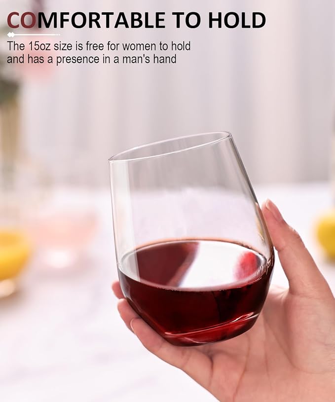 OJA Wine Glasses Set, Crystal Stemless Red Wine Glass, Set of 4, 15 oz | No Stem, Clear, Sturdy Drinking Glass for White Wine, Daily Use, Birthday, Wedding, Home Party, Anniversary, Shower Gift