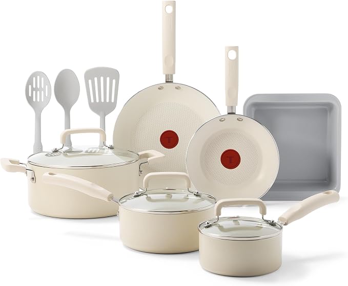 T-fal Signature Nonstick 12 Piece Cookware Set, Oven Safe Up to 350°F, Dishwasher Safe, Pots and Pans Set, Includes Frying Pans, Saucepan, Stockpot, Cooking Utensils, Cream