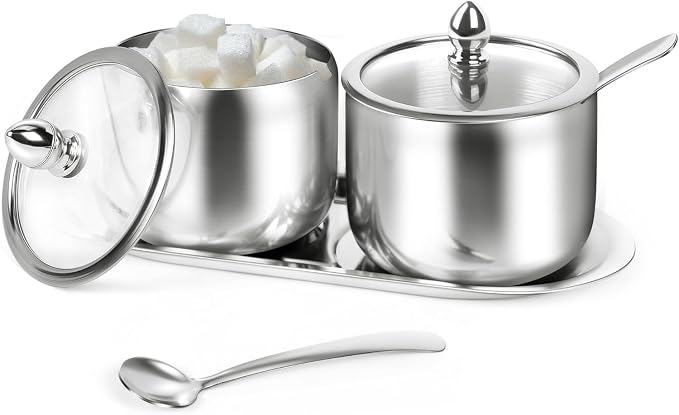 holoith 2 Pack Coffee and Sugar Dispenser with Tray 10 oz Sugar Bowl | with Glass Lid and Spoon for Coffee Bar Accessories Kitchen Storage for Salt,Coffees Bean,Brown Sugar Cubes (Silver)