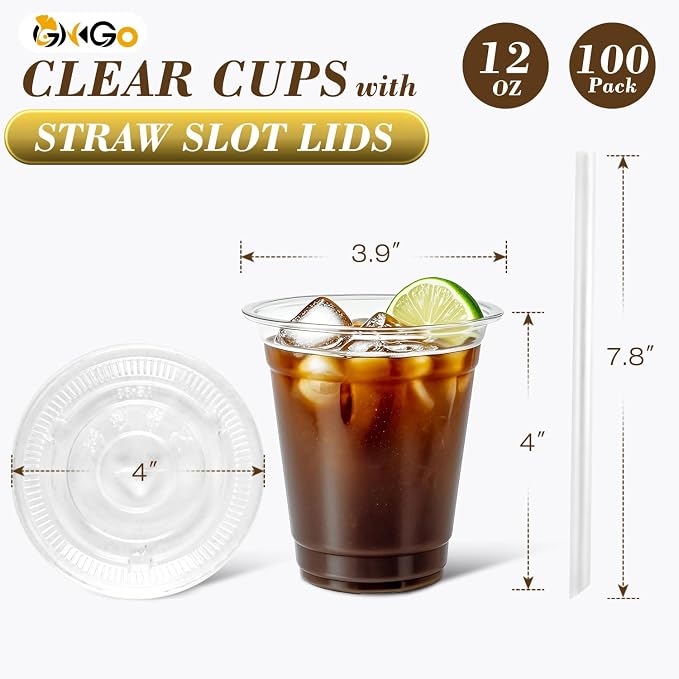 Ginkgo 100 Pack 12 oz Plastic Iced Coffee Cups with Lids and Straws | Disposable Clear To Go Cups for Milkshakes and Cold Beverages, Coffee Bar Essentials for Home and Shops