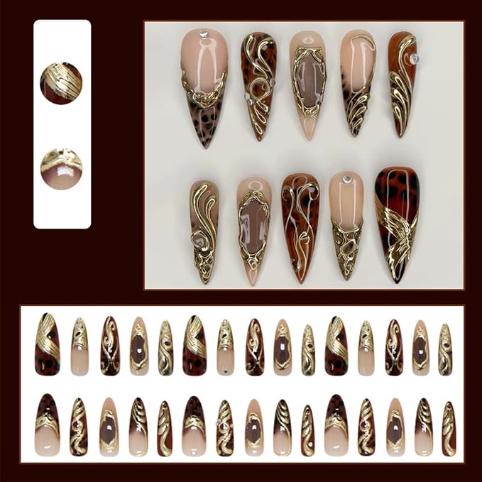 30Pcs Long Stiletto Press On Nails Gold Chrome Fake Nails with 3D Rhinestone Design Amber Gilding Nude Full Cover Acrylic Nails French Tip Glue On Nails Metal False Nails Luxury Manicure Set for Women