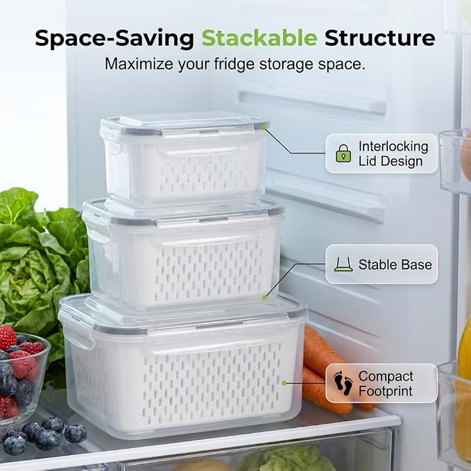 Food Storage Containers for Fridge with Removable Colander, Fruit Storage Containers with Lids, Leakproof Produce Containers Fridge Organizers and Storage for Berry Fruits Vegetables(Gray, S+M+L)