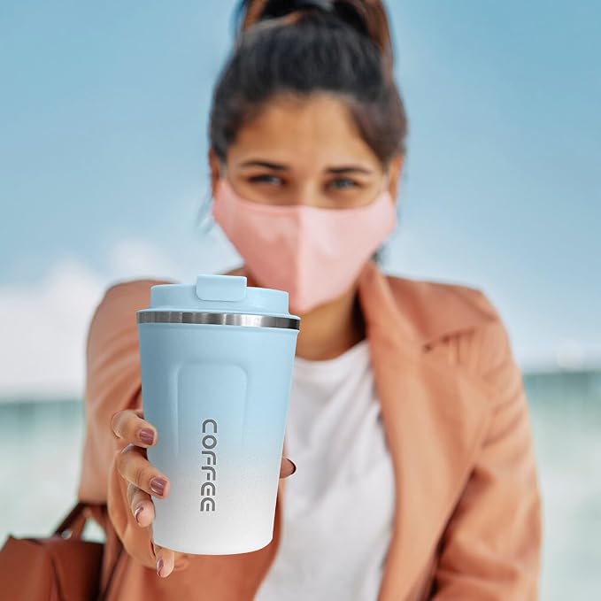 SPLMIFA Travel Coffee Mugs Leak-Proof, Reusable Coffee Cups with Lids, Stainless Steel Vacuum Insulated Coffee Tumblers, Thermal Insulation Cup for Men & Women Hot & Cold Drinks(2nd-Blue White, 12OZ)