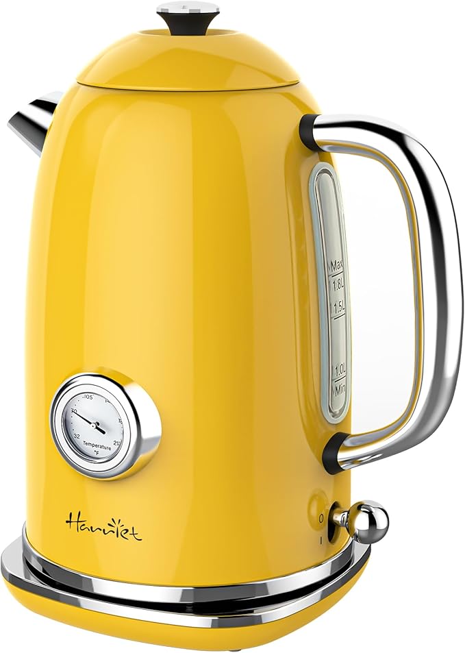 Harriet 61 oz Electric Kettle with Thermometer, Hot Water Pot, Retro | Electric Tea Kettle for Boiling Water, 1500W Stainless Steel Pot, Auto Shut-Off & Boil Dry Protection, Cordless LED Indicator