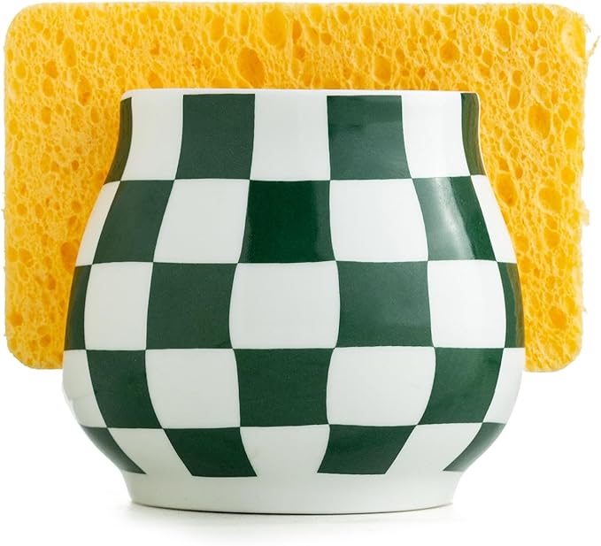 Zoeeker Kitchen Sponge Holder for Sink, Ceramic Checkered Sponge Organizer | Scrubby Caddy Dish Brush Holder Kitchen Storage Accessories for Countertop, Bathroom, Sink, Kitchen Decor, Green and White