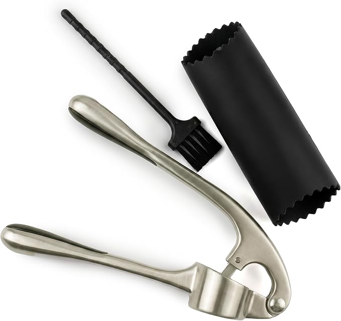 Heavy Duty Garlic Press with Zinc Alloy Handle & Stainless Steel Chamber, 61 Holes Garlic Mincer & Crusher, No Peeling Required, Includes Silicone Garlic Peeler & Cleaning Brush, Silver