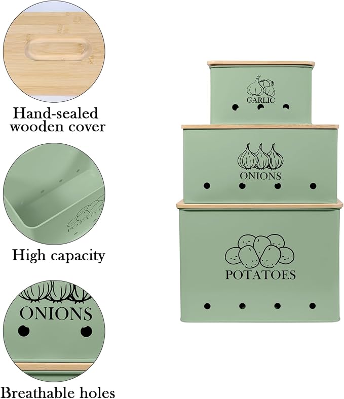 Kitchen Vegetable Storage Tins Set of 3 for Potato Onion & Garlic with Wooden Lid and Aerating Holes, Kitchen Storage Canisters Set, Vintage Kitchen Decor - Green