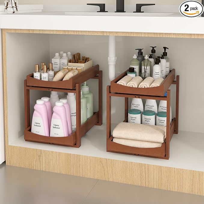MHXW SXPN Bamboo Under Sink Organizer, 2 Pack Pull Out Cabinet Organizer | 2 Tier Vertical Smooth Slide Out Undersink Storage Shelf | Multi-Purpose Organizer Shelves for Kitchen Bathroom Medicine