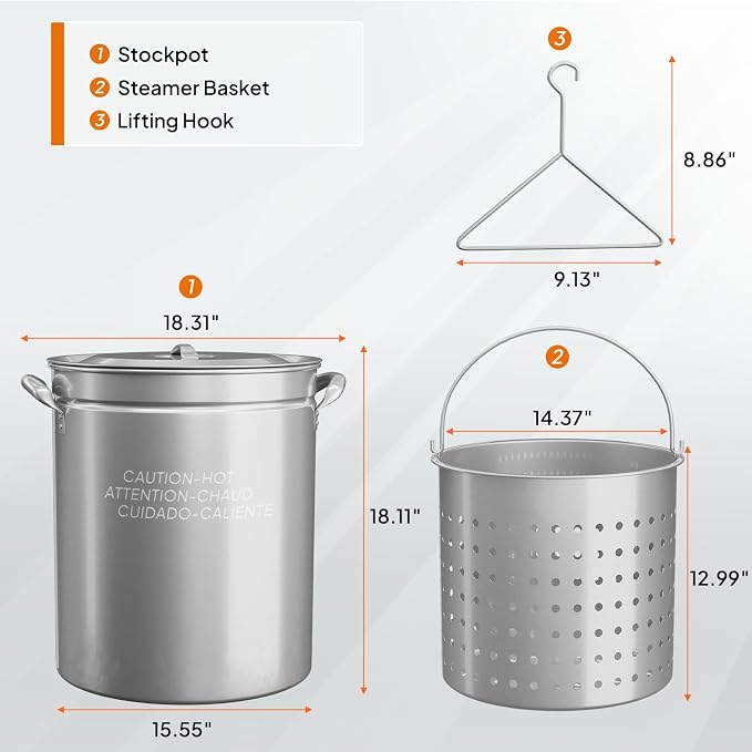 Bonnlo 62QT Stainless Steel Stock Pot for Boiling Seafood, Crawfish lobster & Crab, Frying Turkey & Steaming Tamales, Large Boil Pot with Steamer Basket, Lid, Lifting Hook for Outdoor Cooking Backyard