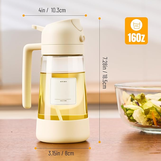 PARACITY Oil Sprayer for Cooking, 2 in 1 Oil Dispenser Bottle, 2-Pack White | Each 16 oz glass bottle has a wide mouth and silicone bottom for spraying or pouring oil during cooking, BBQs and salads