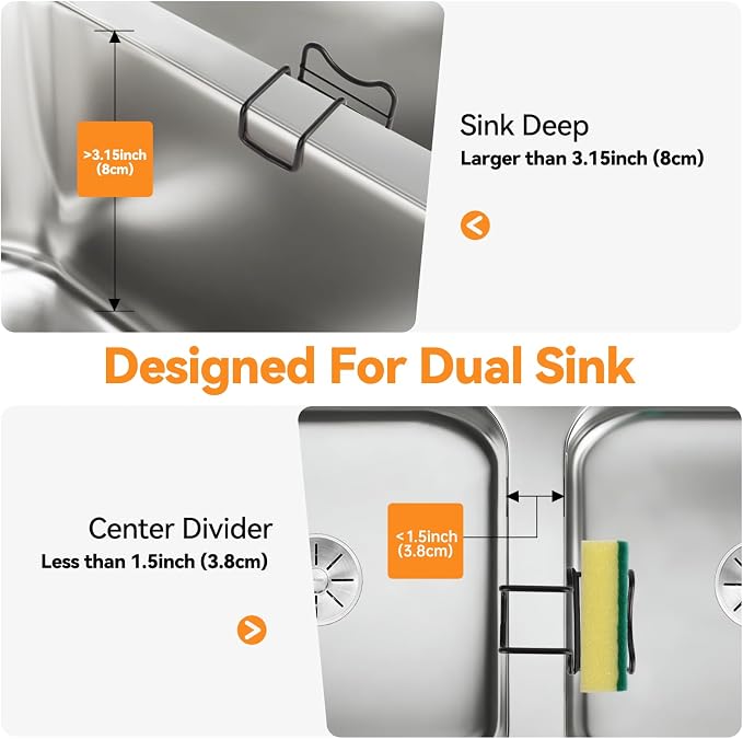 2 Pack Sponge Holder for Kitchen Sink | Movable Hanging Sponge Caddy Organizer, Stainless Steel Caddy in Over Double Bowl Sink for Stopper, Brush