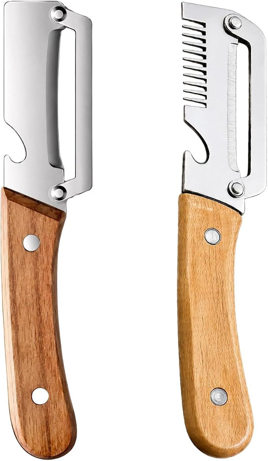 2 Pcs Multi Functional Vegetable Peelers, Stainless Steel Blade with Ergonomic Wood Handle, Easy Grip Design for Various Vegetables and Fruits
