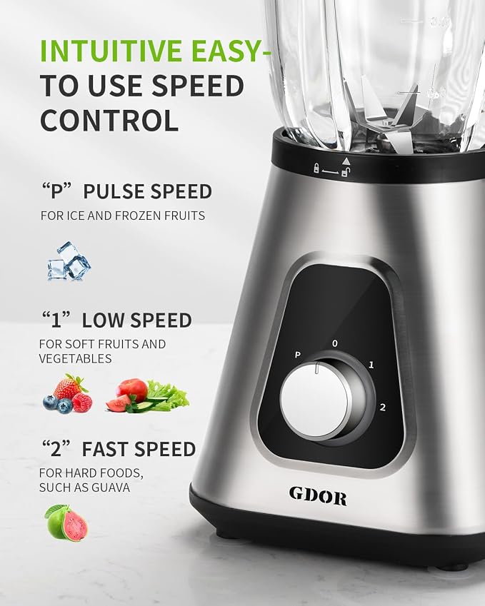 GDOR 1200W Blender for Smoothies and Shakes, 52 Oz Glass Jar & 22 Oz To-Go Cup Combo, Countertop Blender with 6-leaf Blade, 3 Adjustable Speed for Juices, Frozen Fruit Drinks, Sauces, Self-Cleaning