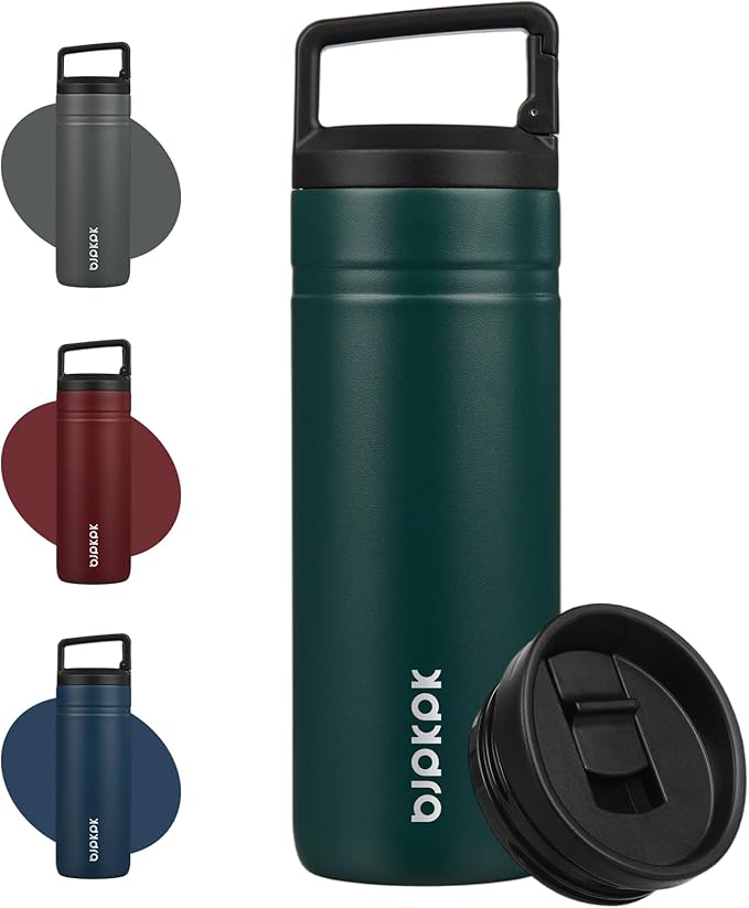 BJPKPK 20 oz Insulated Travel Water Bottle, Coffee Tumbler Stainless Steel | Double Wall Vacuum, Leakproof, Thermal, Keeps Hot/Cold, Dishwasher Safe, Spill Proof, Wide Mouth, 2 Lids, Dark Green