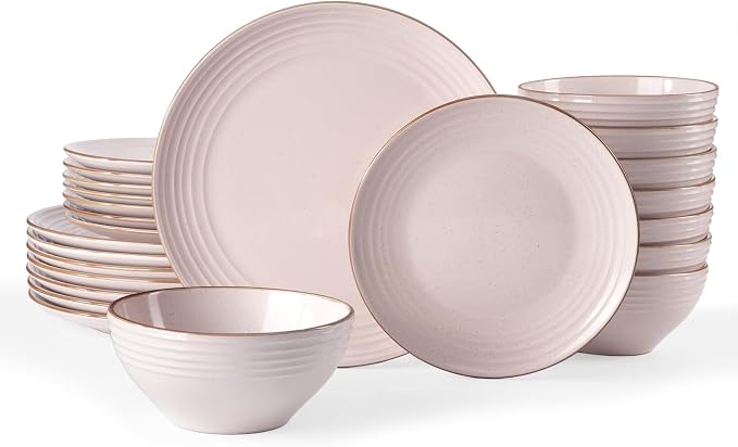 Famiware Jupiter Stoneware Dinnerware Sets, 18-Piece Speckled Dishes for 6 | Ceramic Plates & Bowls with Rim, Chip & Scratch Resistant, Microwave & Dishwasher Safe, Everyday & Formal Use, Neutral Pink