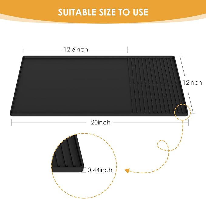 Silicone Coffee Mat with Raised Edges, 20'' X 12'', Bar Mat for Countertops, Accessories Fit Under Coffee Maker Espresso Machine, Dish Drying Mat (BLACK)
