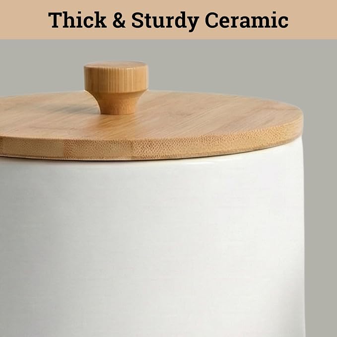 Ceramic Kitchen Canisters for Countertop Set of 3 w/Airtight Bamboo Lids | Thick Sturdy Ceramic, Matte Finish, Airtight Easy Open Bamboo Lids, Comfortable Bamboo Handles, Jar Volumes: 2, 1, 0.5 quarts