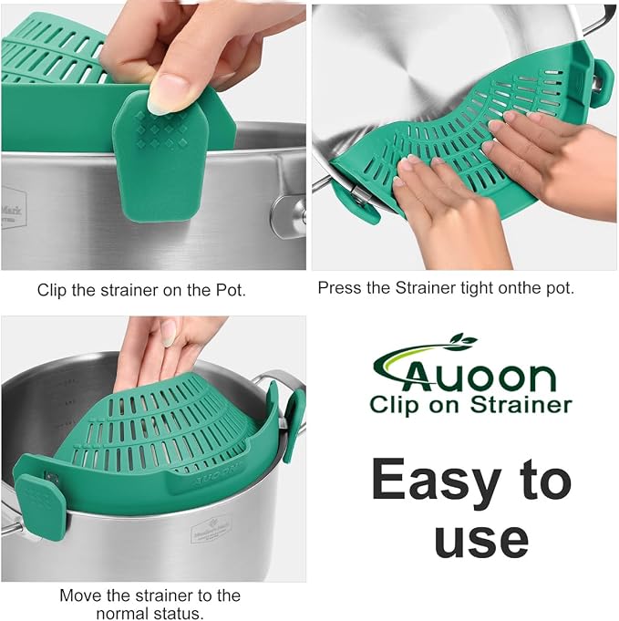 AUOON Pot Strainer Clip on Silicone, Large 10.45 x 4.33 in, Sea Blue | Fits Pots Pans Bowls, Dishwasher Safe, for Pasta Noodles Vegetable Fruits, Space-saving Kitchen Gadget