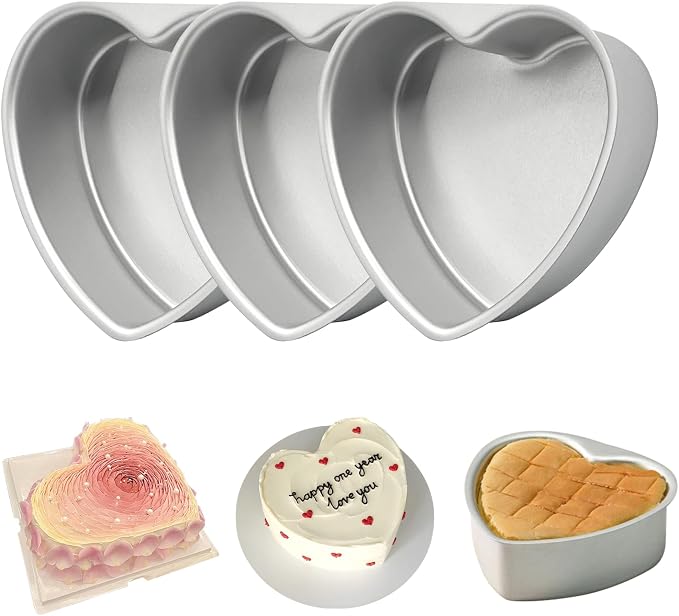 6 Inch Heart Cake Pan - 3 Pack Aluminum Heart Shaped Baking Pans | for Valentine's Day, Wedding, Birthday Party - Nonstick Cake Mold for Oven, DIY Desserts