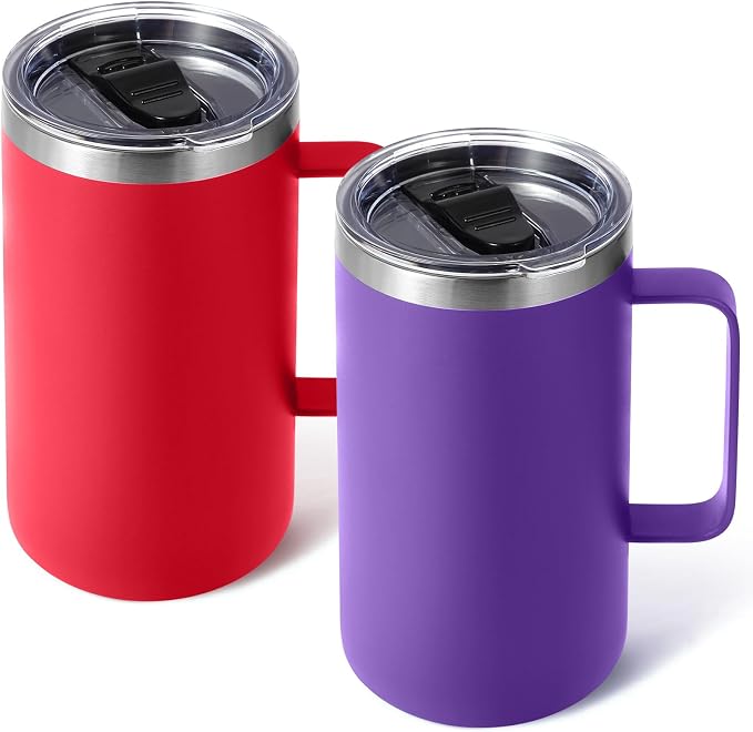 Volhoply 22oz Insulated Stainless Steel Coffee Mugs with Leakproof Lid Bulk 2 Pack,Double Wall Vacuum Travel Coffee Cup with Handle,Reusable Metal Tumbler,Camping Mug Keep Hot&Cold(Mix,2)