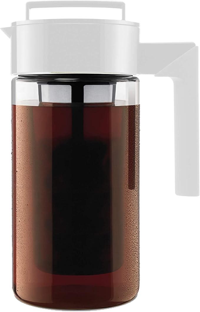 Takeya Deluxe Cold Brew Coffee Maker - BPA-Free Tritan Pitcher with Airtight Leakproof Lid, Silicone Grip Handle, Fine-Mesh Filter - Shatter-Proof, Dishwasher Safe, Made in USA - 1 Quart/White