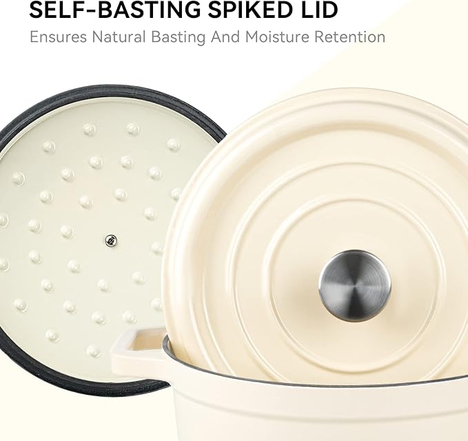 Miereirl 6.5 Quart Enameled Dutch Oven Pot with Lid, Cast Iron Dutch Oven with Dual Handles for Bread Baking, Cooking, Non-stick Enamel Coated Cookware (Beige)