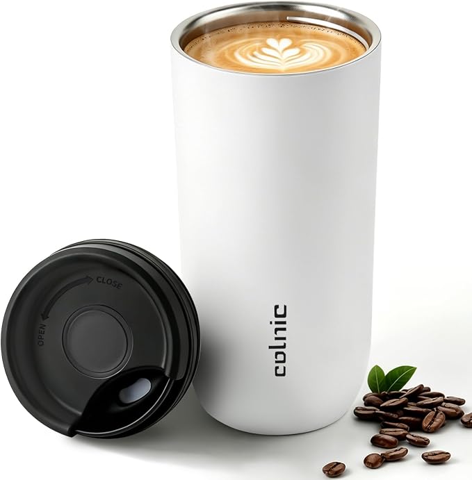 16 oz Travel Coffee Mug with Twist-Open Lid, Leak Proof Coffee Travel Mug, Insulated Tumbler Stainless Steel Coffee Cup For Hot And Iced Cold, Spill Proof Fits Cup Holder (White)